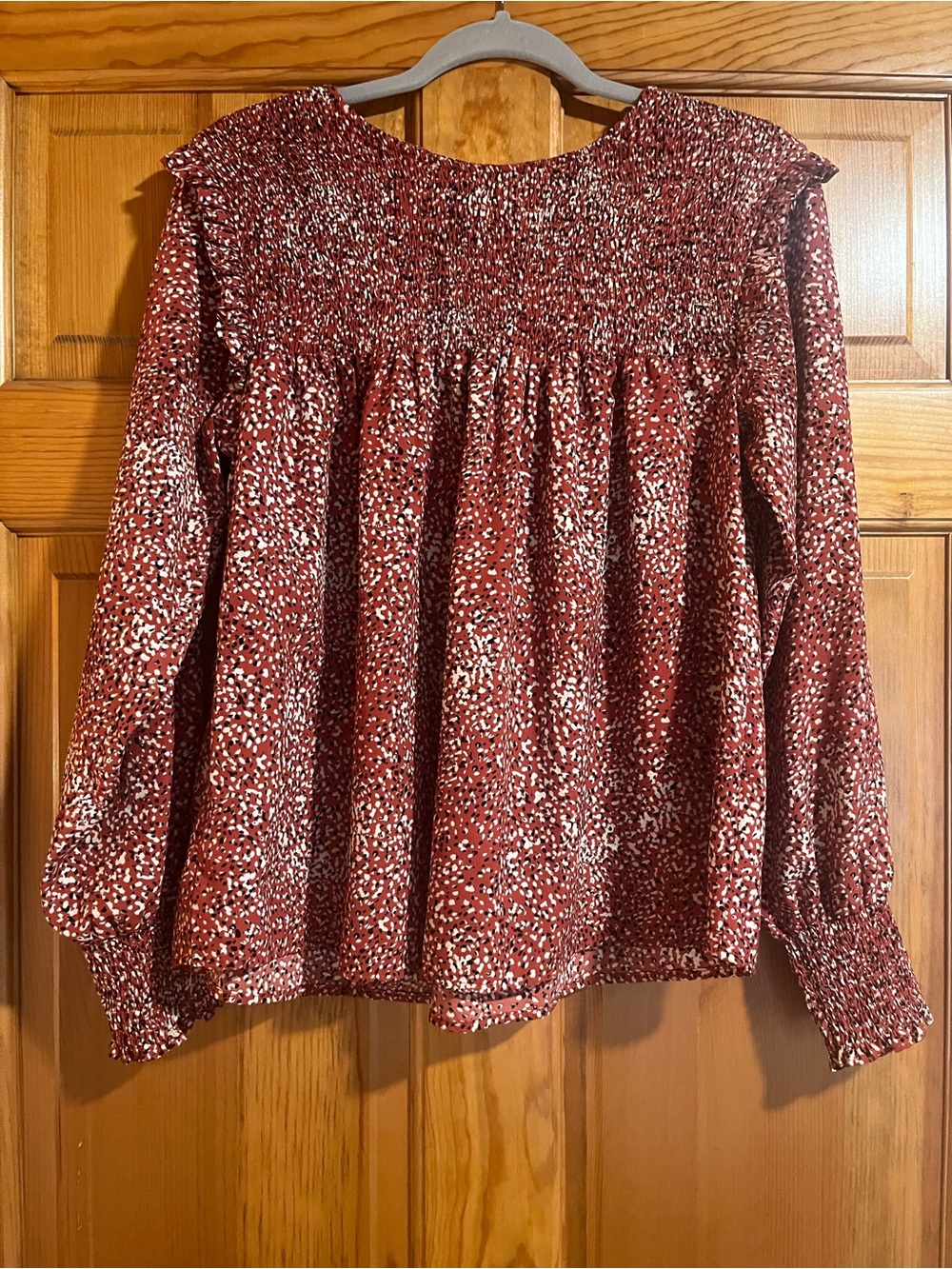Kori America Smocked Boho Blouse S Rust Ruffle Long Sleeve Babydoll